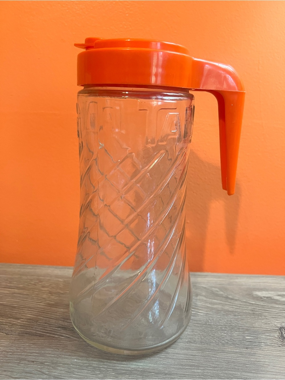 Classic Vintage Tang Glass Pitcher with Orange Plastic Lid and Handle